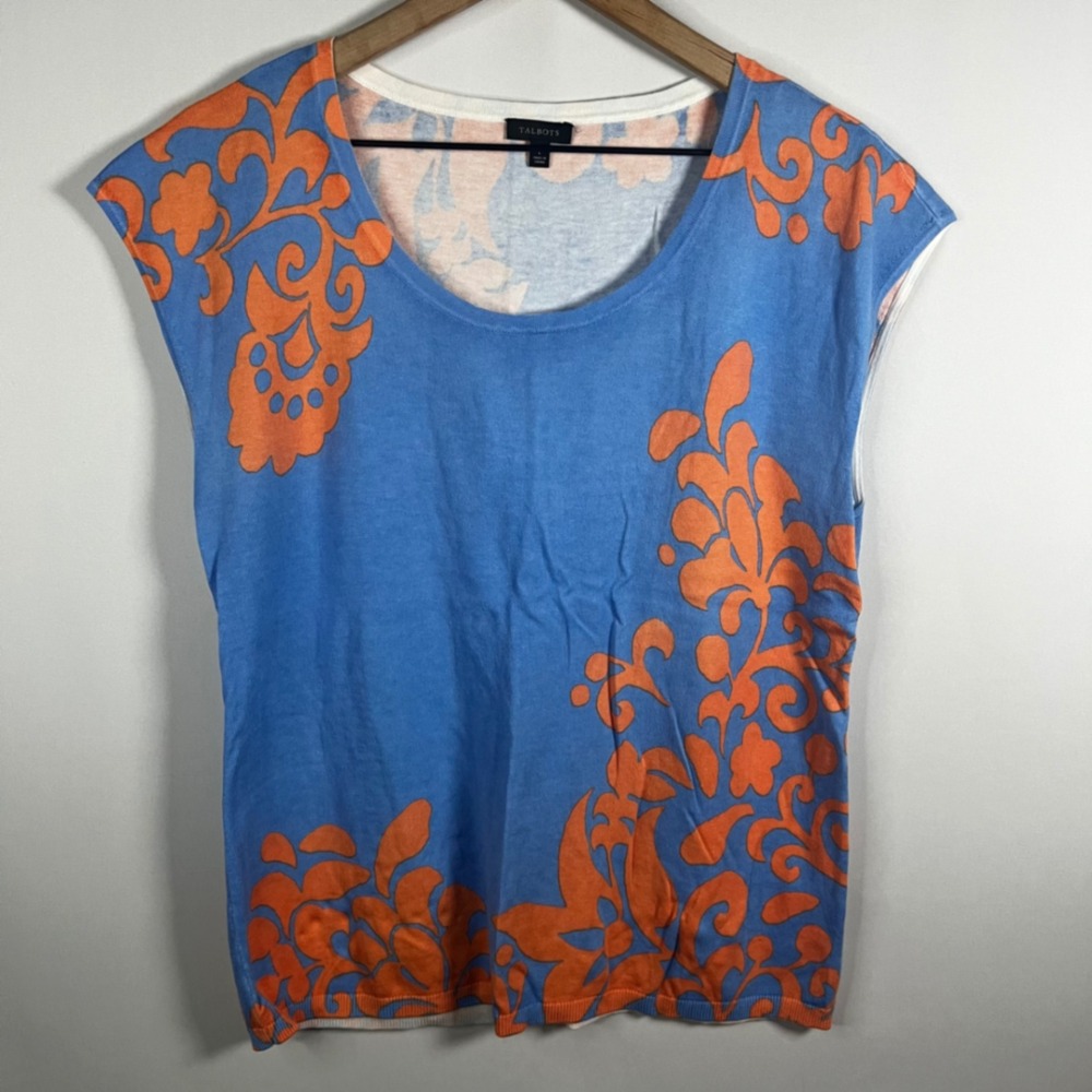 Talbots Blue and Orange Floral Cap-Sleeve Sweater Top